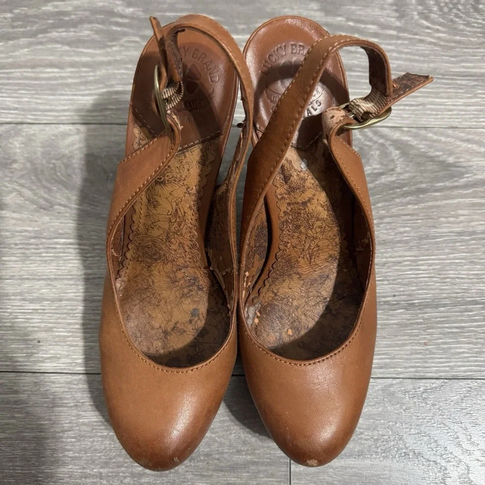 Lucky Brand Women's Brown Leather Heels Sz 8.5M Chunky Y2K Slingback Platform - Picture 4 of 13